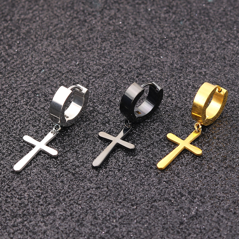 Black Gold Silver Stainless Steel Corss Dangle Earring for Men Youth Single Chandelier Earring Hip Hop Clip On Ear Christian Jewelry Top Quality