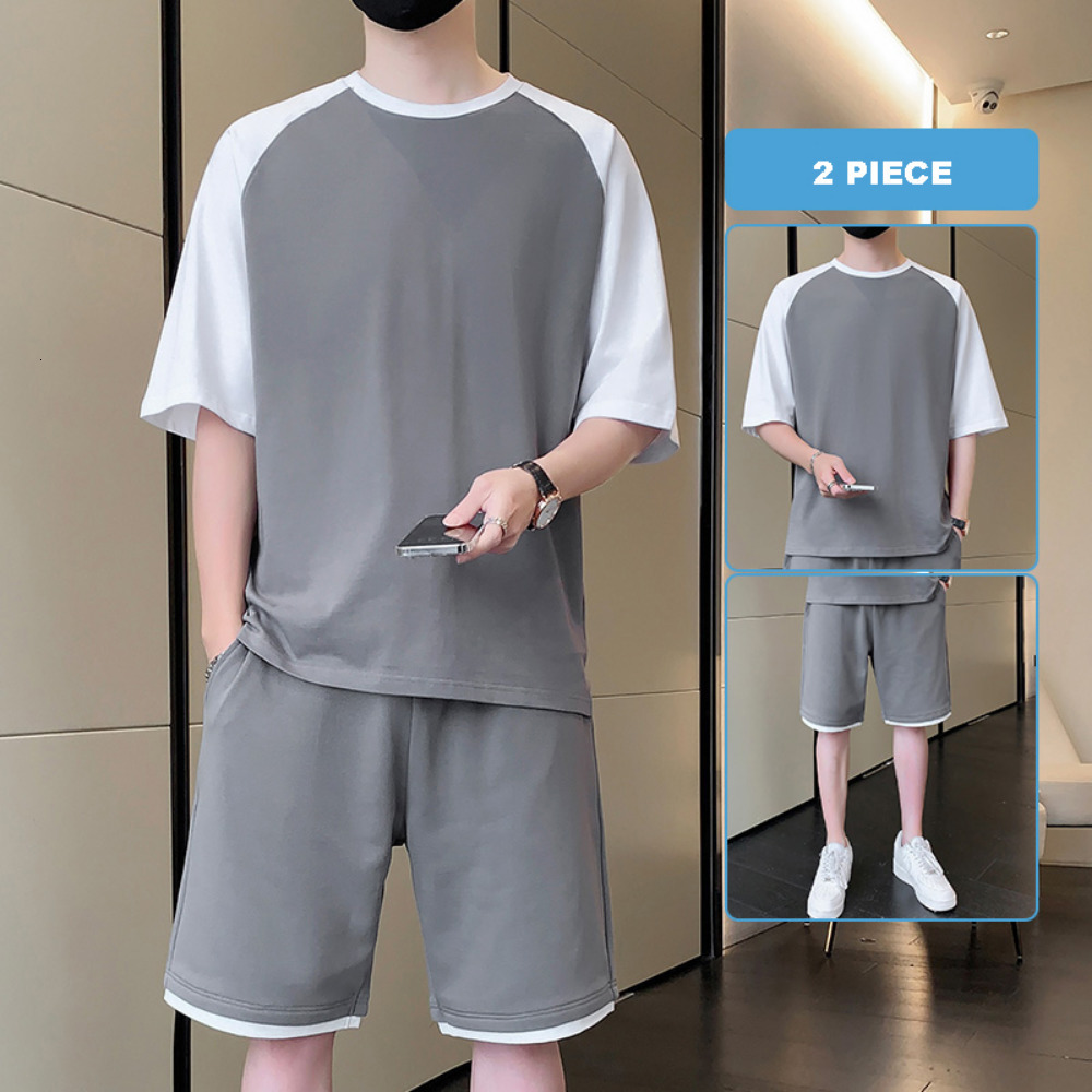 Men's Tracksuits Korean Fashion 2 Piece Set Men Summer Clothes Patchwork Tracksuits Men Sports Wear Streetwear Outfits Men Clothing Pure Cotton 2