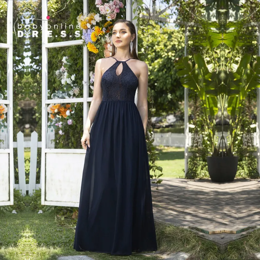 Designer Long Maxi Prom Sleeveless Halter Neckline Chiffon Skirt With Lace Bodice Illusion V-Back Formal Evening Party Gowns Bridesmaid Dress Cps1069 
