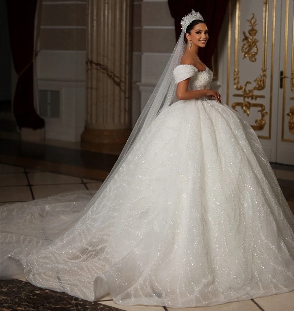 Ball Princess Gown Wedding Dress Arabic Dubai Sequins Beads Off Shoulder Puffy Bride Formal Gowns Vestido De Noiva Custom Made s