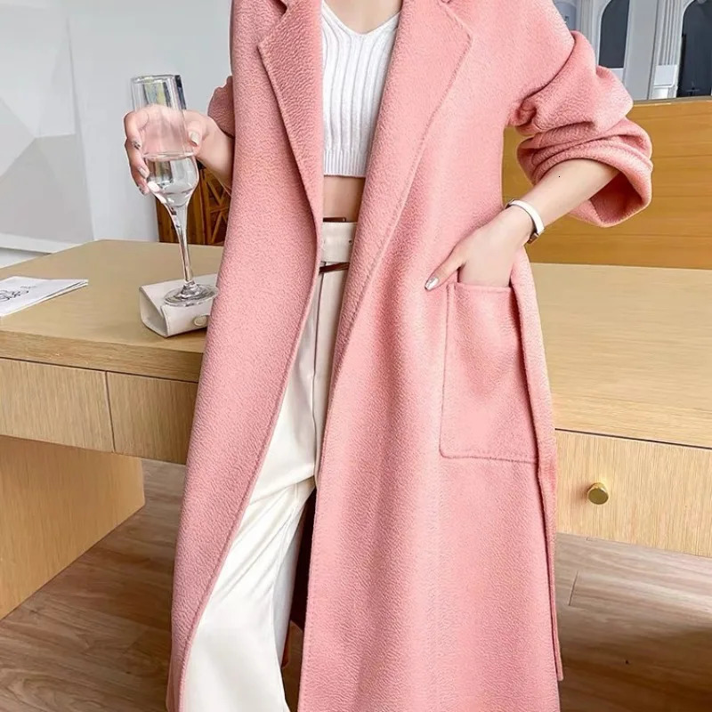 Women's Wool Blends 2023 Reversible Cashmere Coat Women Long Below The Knee HighEnd Water Ripple Autumn Winter Loose Laceup Outwear 231124