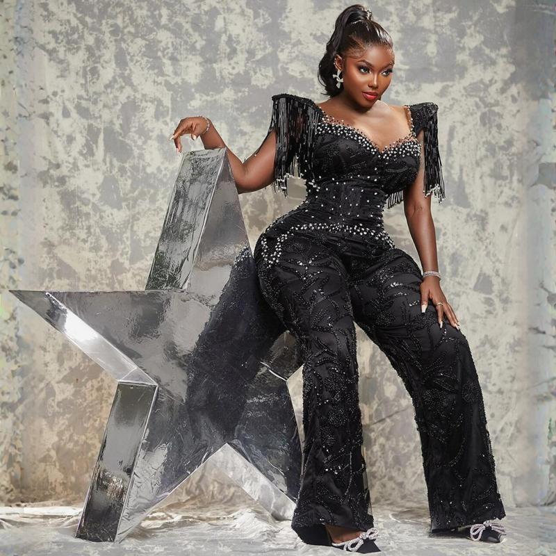 Plus Size Aso Ebi Jumpsuit urious Prom Gowns Beading Long Sleeves Modest Evening Birthday Party Second Reception Dresses Formal Dress Engagement Gown 