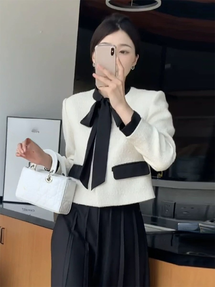 Women's Jackets Y2k Elegant Loose Women's Crop Coat Autumn O-Neck Cute Bow Patch Work Women's Contrast Color Matching Sweet tweed Jacke