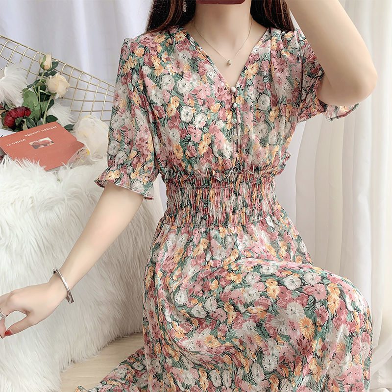 Casual Dresses Enlarge Korean Puff Sleeve Chiffon Party Dress Fashion Casual Flowers V-Neck Mini Dress Grace Fall Dresses For Women 230425