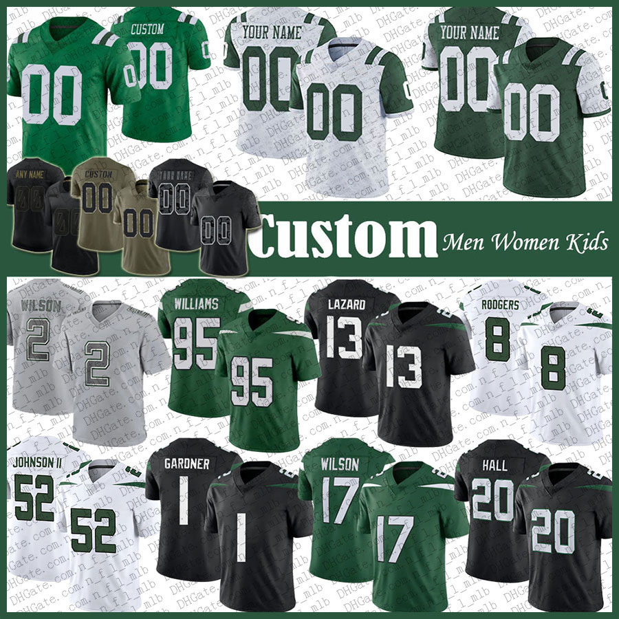 

Custom 8 Aaron Rodgers Allen Lazard Football Jersey Ahmad Sauce Gardner Garrett Wilson Breece Hall Quinnen Williams Michael Carter Corey Davis Jermaine Johnson II, Shown