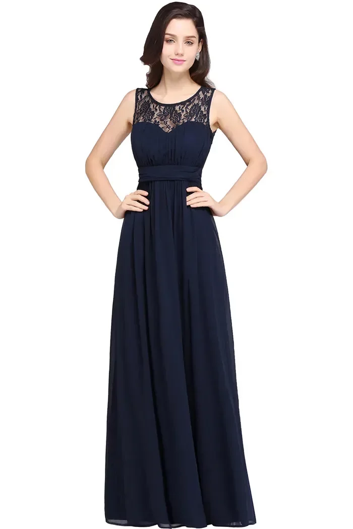 Navy Stock Blue Chiffon Bridesmaid Dresses A E Jewel Neck Ruched Long Formal Prom Party Gown Wedding Guest Gowns Cps