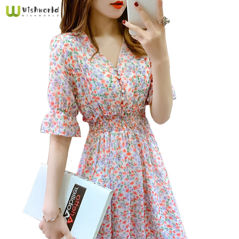 Casual Dresses Enlarge Korean Puff Sleeve Chiffon Party Dress Fashion Casual Flowers V-Neck Mini Dress Grace Fall Dresses For Women 230425