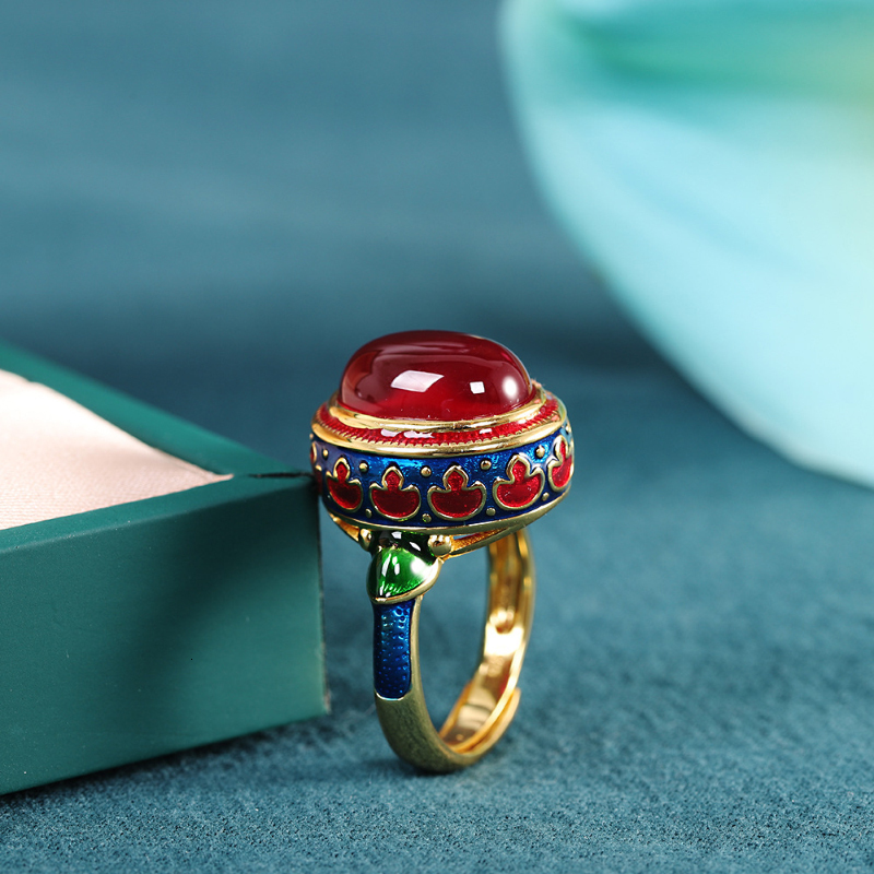 Solitaire Ring Original ancient gold craftsmanship natural carnelian rings for women flower enamel national style light Wedding jewelry 230424