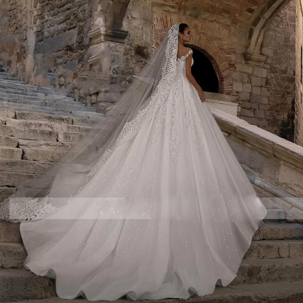 Glitter Ball Gown Wedding Dresses Sheer Neck Cap Sleeve Lace Appliques Church Princess Robe De Mariee