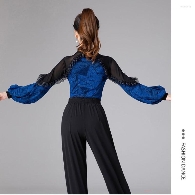 Stage Wear 2023 Spring Latin Dance Bodysuit For Women Mesh Patchwork Tops Female Bowknot Ballroom Samba Rumba Tango Practice Clothes 6042