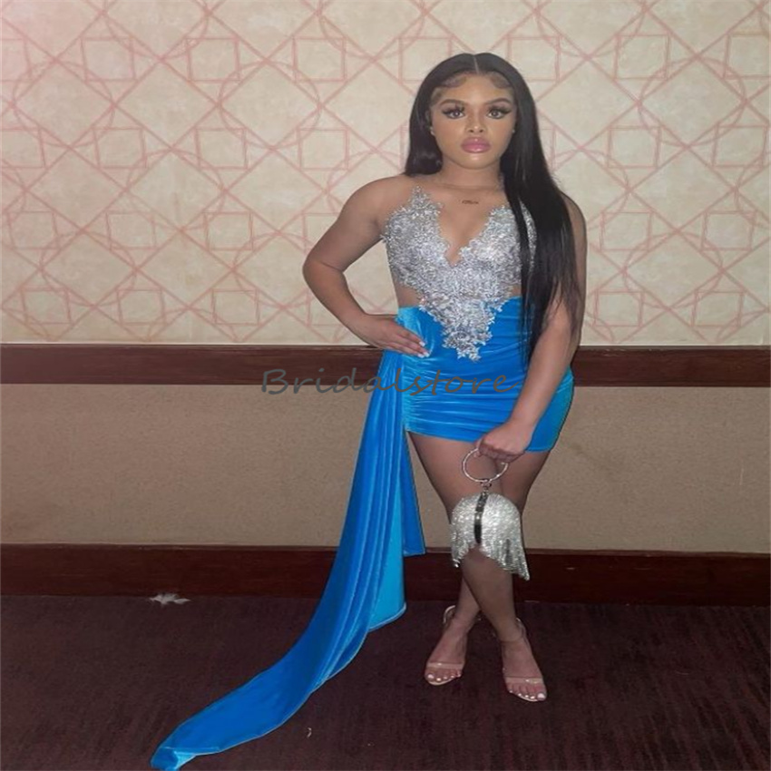 Sexy Blue Velvet Prom Dress 2023 For Black Girls Cocktail Party Wear Lace Night Club Evening Skirt Unique Formal Homecoming Gown Women Vestidos De Fie