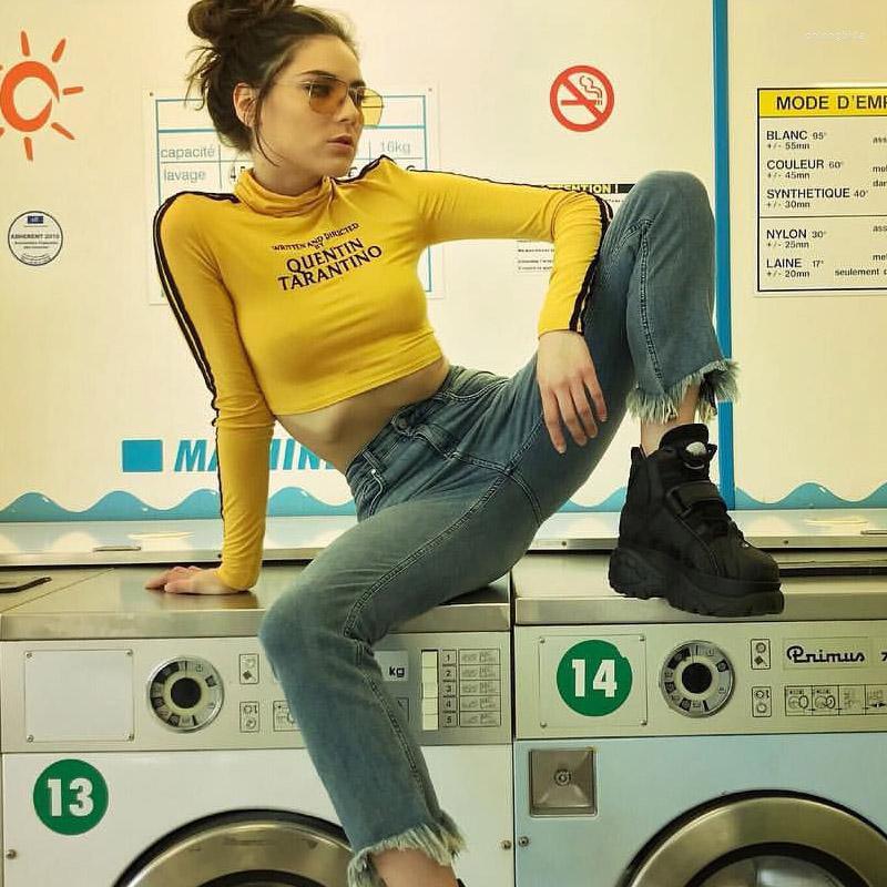Womens T Shirts 2023 Fashion Quentin Tarantino Sexy Crop Tops Women Side Stripe Long Sleeve Turtleneck Cotton Knitted Short Tshirt Lady