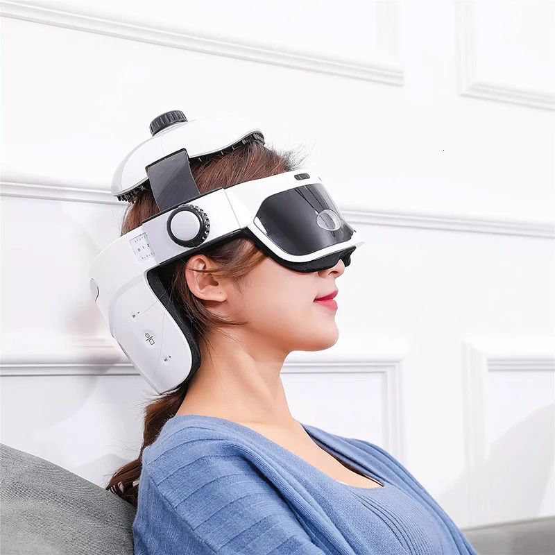 Head Massager Electric Helmet Eye Massage Relieve Stress Air Pressure Vibration Therapy Scalp Relax Compress Bluetooth Music 231123