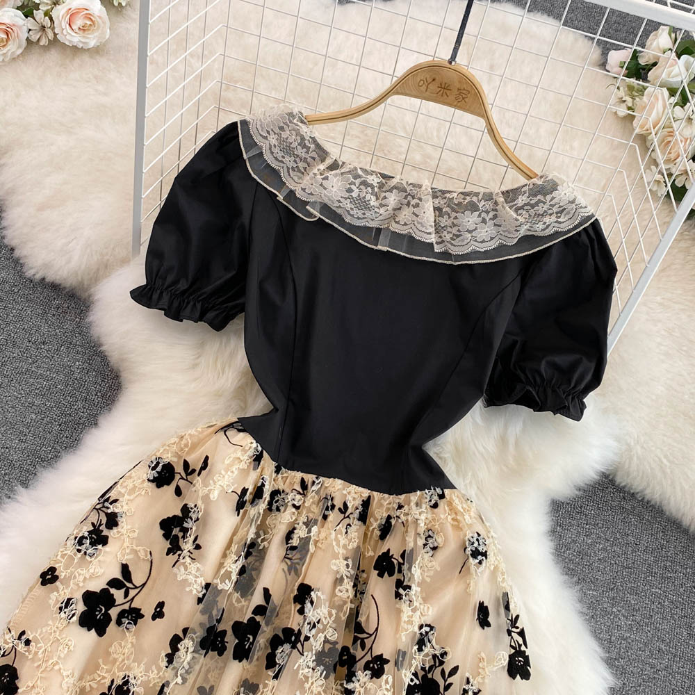 French Tea Break Dress Summer Celebrity Charm Round Neck Bubble Short Sleeve Waist Wrap Show Thin A-line Mesh Dress