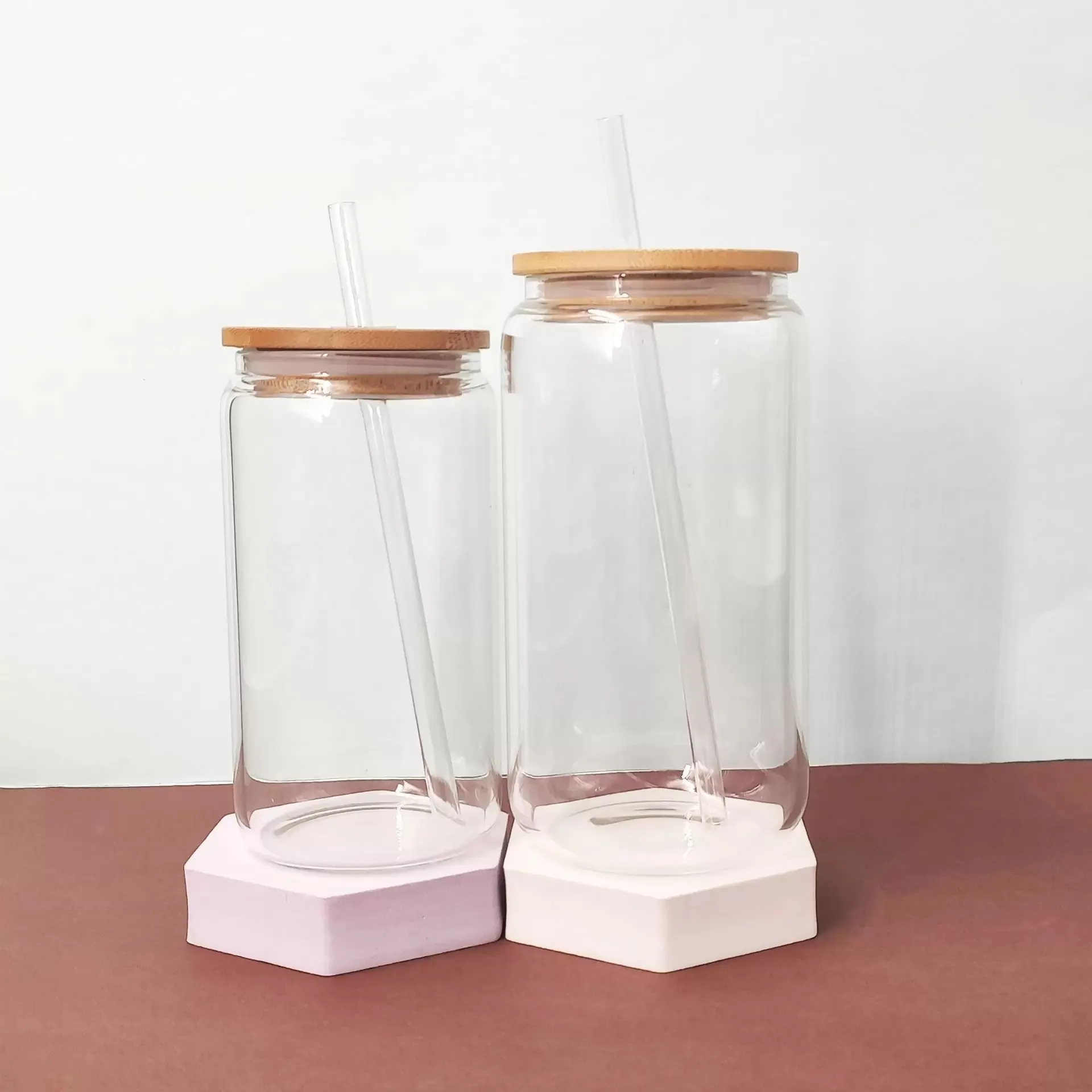 16oz Frosted Sublimation Glass Can Tumbler Clear Jar with Bamboo Lid Wide Mouth Beer Cup Festival Party Wine Tumblers