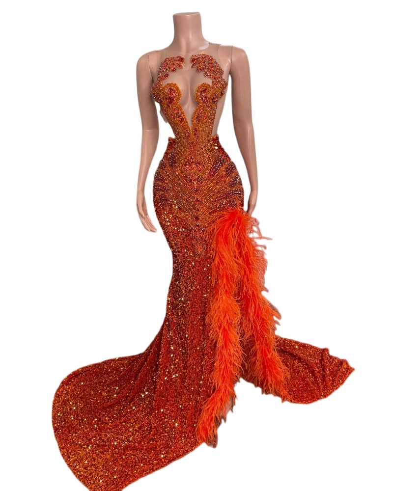 Orange Feathers Prom Dresses For Black Girls High Split Beaded African Women Pageant evening Gowns Vestido De Graduacion