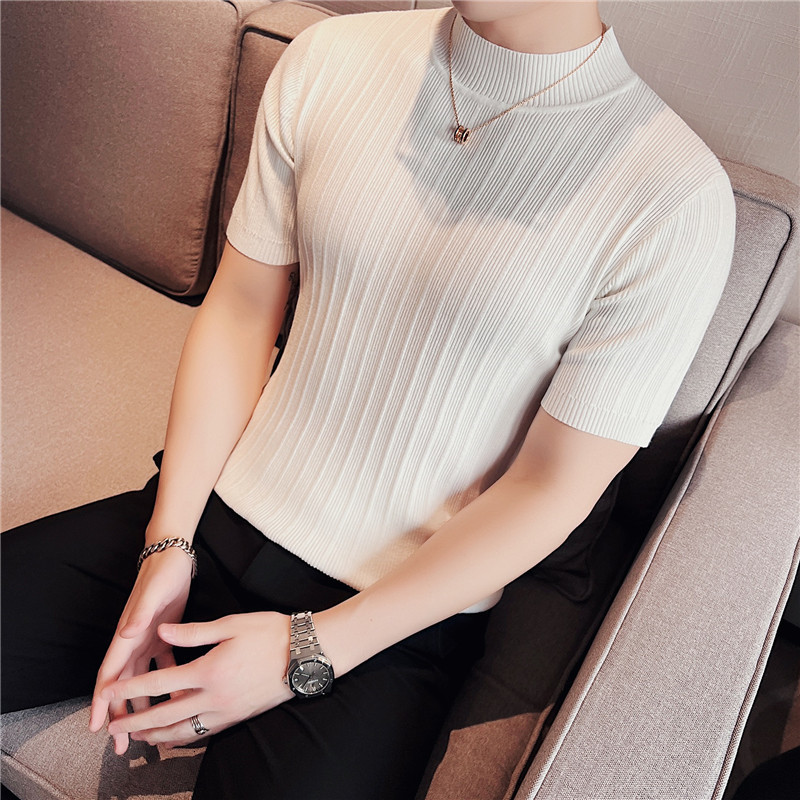 Men's T-Shirts Summer Knitted Elasticity T Shirt Men Half High Collar Short Sleeve Casual Slim Fit Sweater Tops Tees Social Club T-Shirt 230425