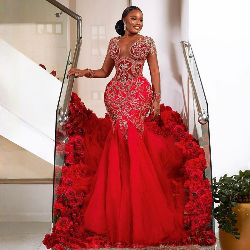 2023 Aso Ebi urious Red Mermaid Long SleevesTulle Prom Gowns Perals Evening Birthday Party Second Reception Dresses African Dress Engagement Gown ST30