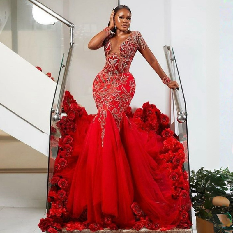 2023 Aso Ebi urious Red Mermaid Long SleevesTulle Prom Gowns Perals Evening Birthday Party Second Reception Dresses African Dress Engagement Gown ST30