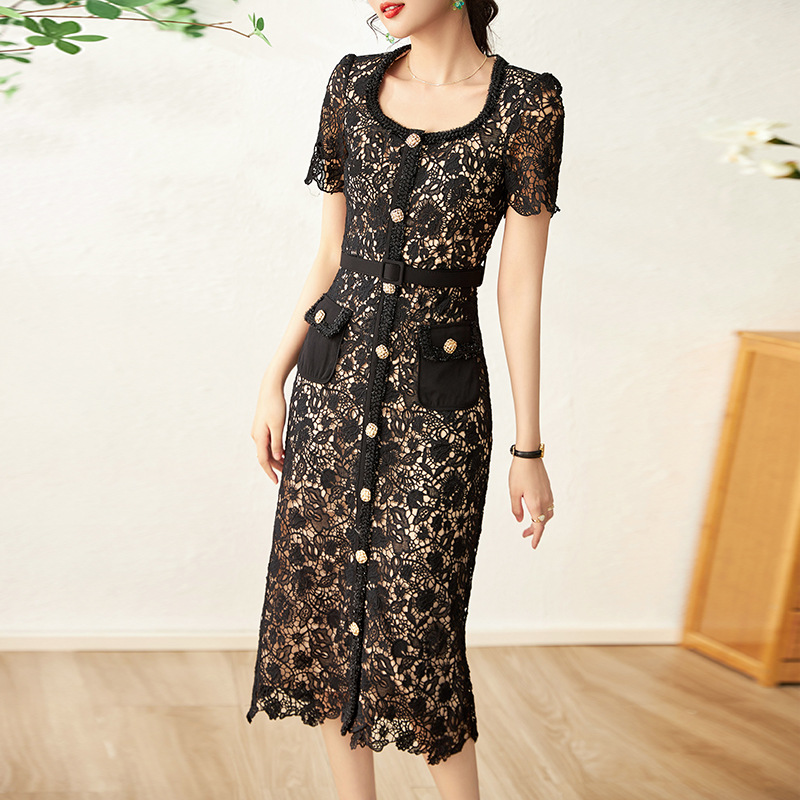 Casual Dresses Self Portrait Ladies Maxi Embroidered Sexy Square Neck Cutout Belted Shirt Dress
