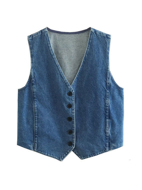 Women's Vests TRAF Women Fashion Front Button Denim Waistcoat Vintage V Neck Sleeveless Female Outerwear Chic Vest Tops 230424