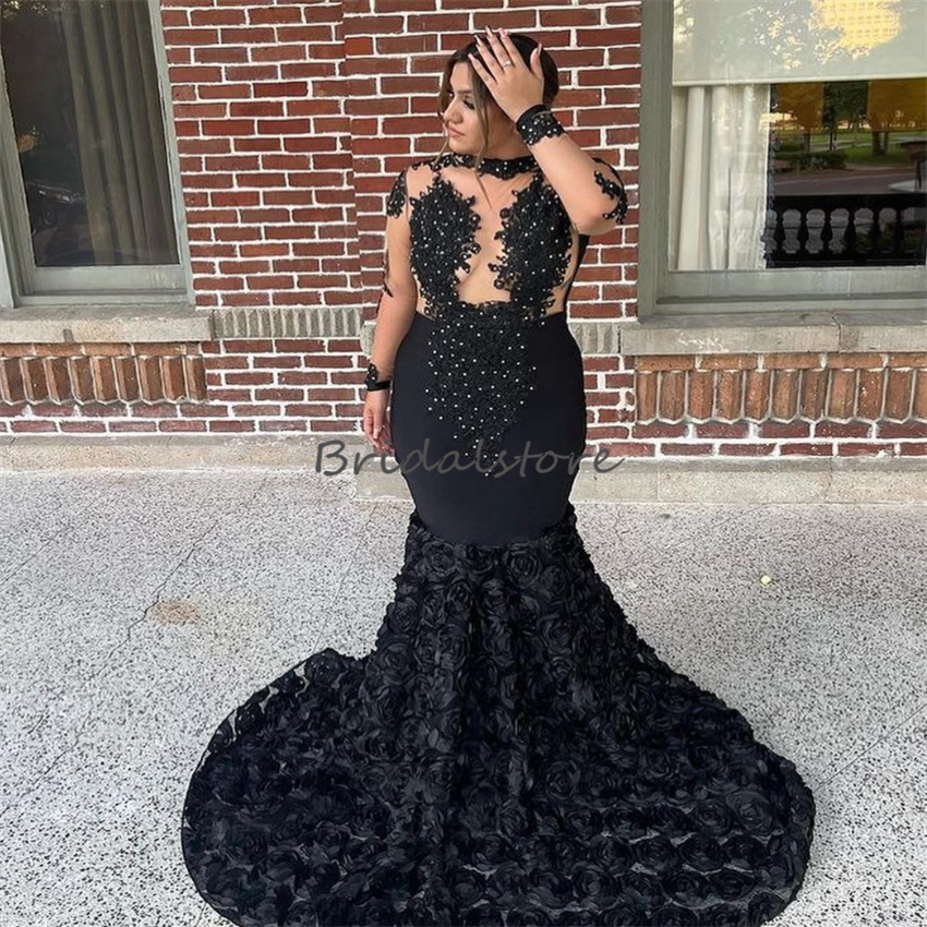 Black Rose Florals Mermaid Prom Dress With Long Sleeve Plus Size Evening Dress Vintage Beaded Lace Sexy Backless Birthday Gowns 2023 Elegant Formal Oc