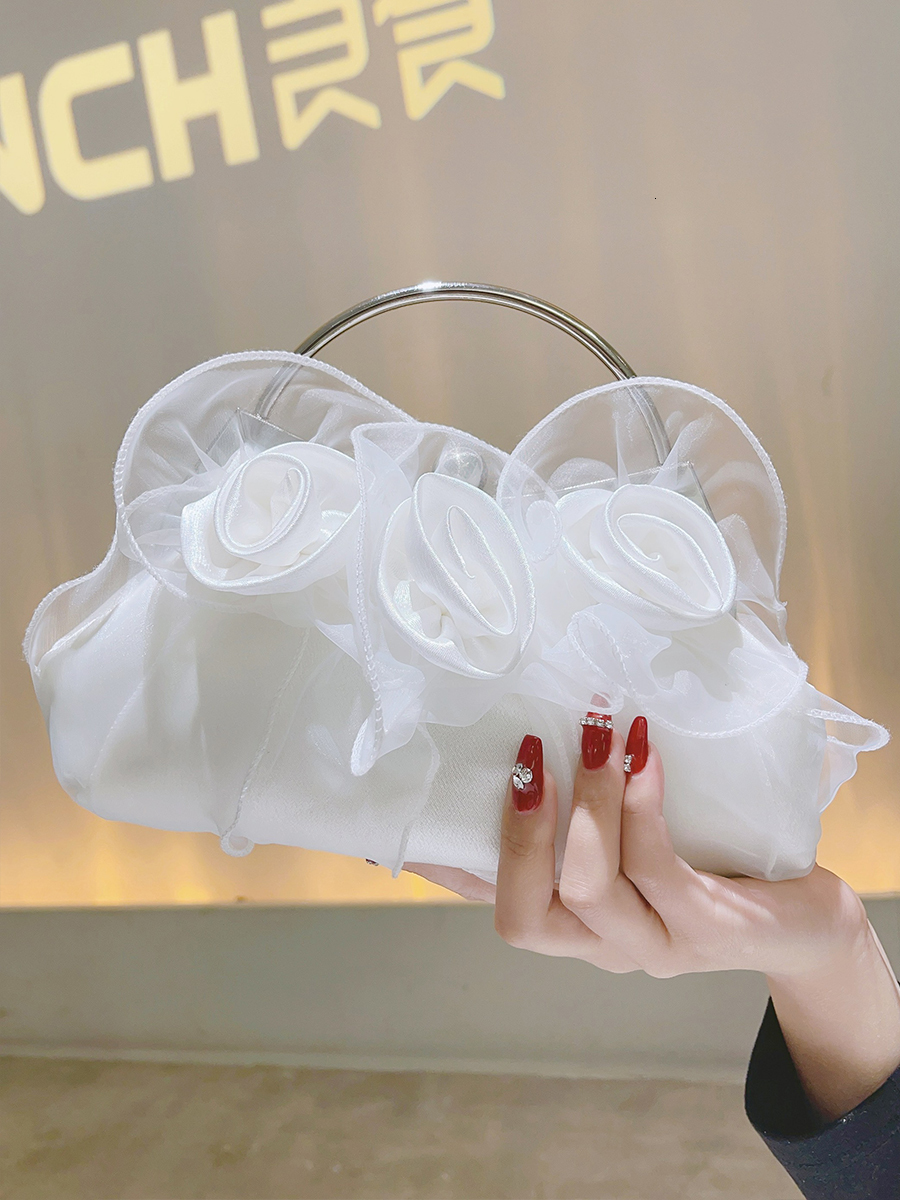 Evening Bags Flower Petal Clutch Bridal Handbag Evening Bag Satin Rose Elegant Purse For Bridesmaid Wedding Party Formal White Handle Bag 230425