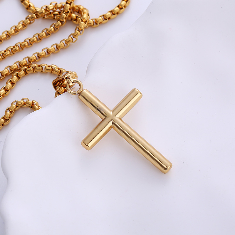 Women Mens Smooth Cross Pendant Necklace Simple Fashion Gold Stainless Steel Box Rolo Chain Jewelry for Friends Boyfriends Girlfriends Gifts