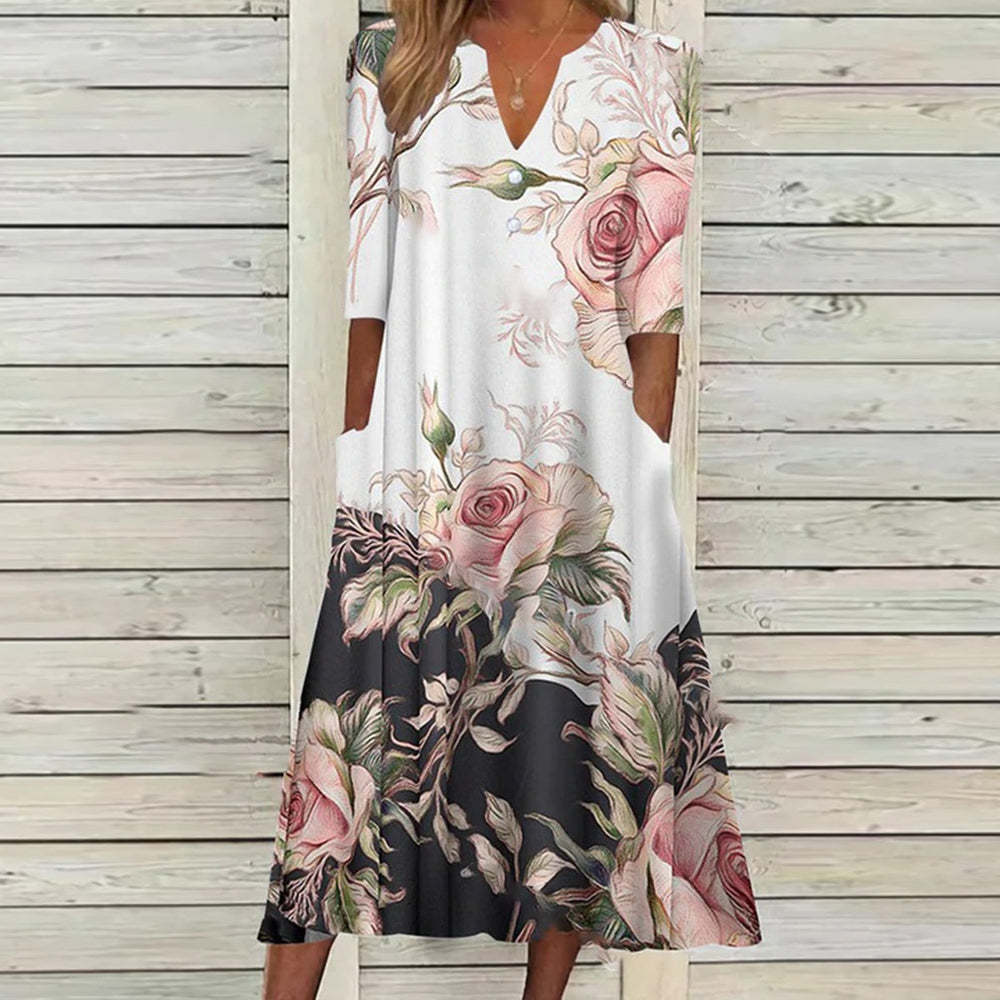 Casual Dresses Vintage Flower Print Women Dress Summer V Neck Pocket Short Sleeve Loose Beach Mini Dresses Casual Lady Maxi Dress Femme Vestido 230505