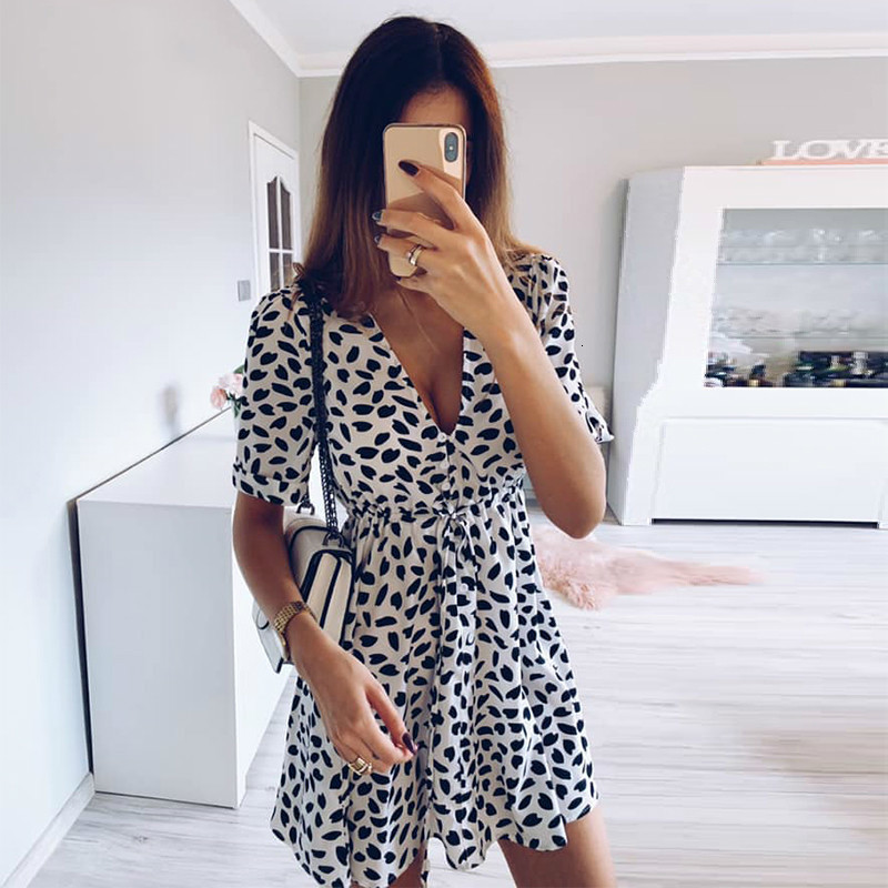 Casual Dresses White Sand Spot Mini Summer Dresses Women V Neck Casual Beach Sundress Sexy Botton Wrap Bodycon Dress Female 230425
