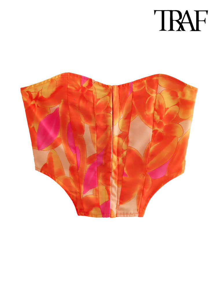 Two Piece Dress TRAF Women Fashion Front Metal Hooks Printed Bustier Tops And With Bow Tied Printed Mini Skirt Female Two Piece Sets Mujer 230424
