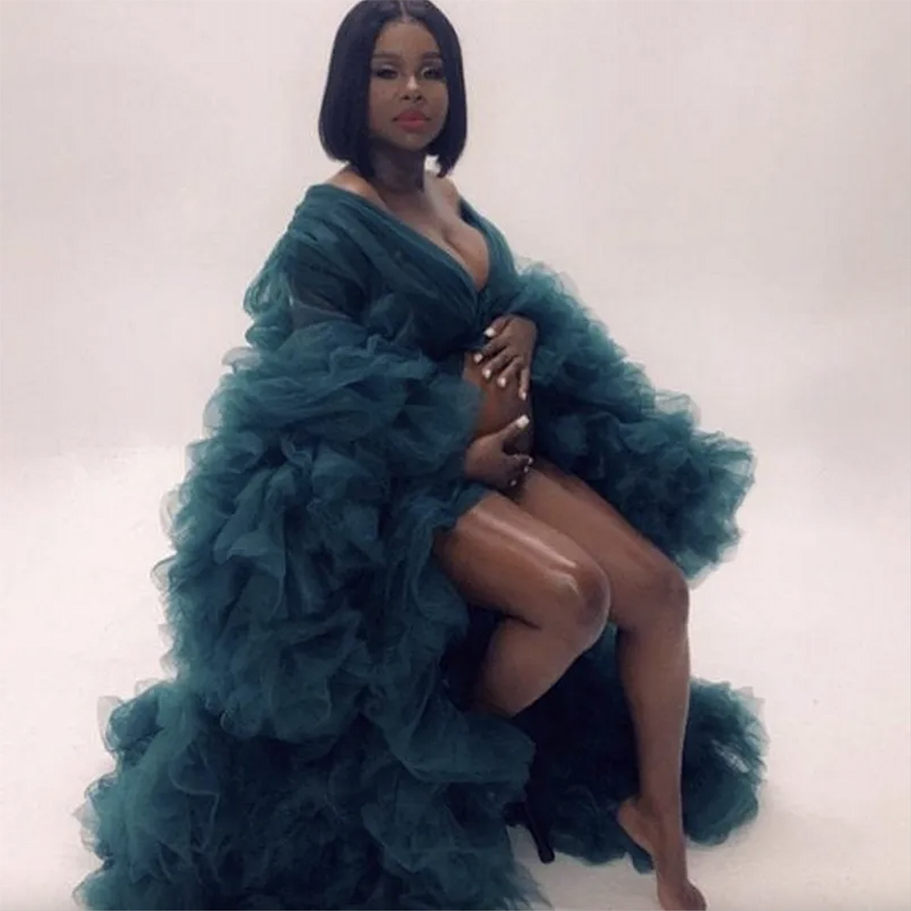 Green Illusion Ruffles Tulle Long Sleeve Women Winter Sexy Kimono Pregnant Party Sleepwear Women Bathrobe Sheer Nightgown Robe Sha