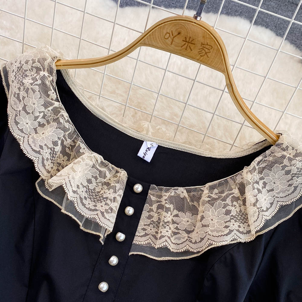 French Tea Break Dress Summer Celebrity Charm Round Neck Bubble Short Sleeve Waist Wrap Show Thin A-line Mesh Dress