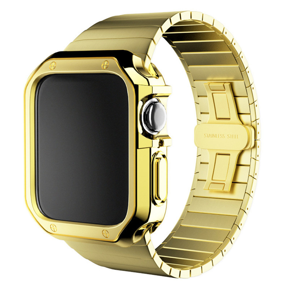 Luxury TPU Electroplate Cases Stainless Steel Straps Bamboo Chain Link Bands Butterfly Clasp Protective Case Cover Band Strap For Apple Watch 3 4 5 6 7 8 Ultra 49 45 42mm