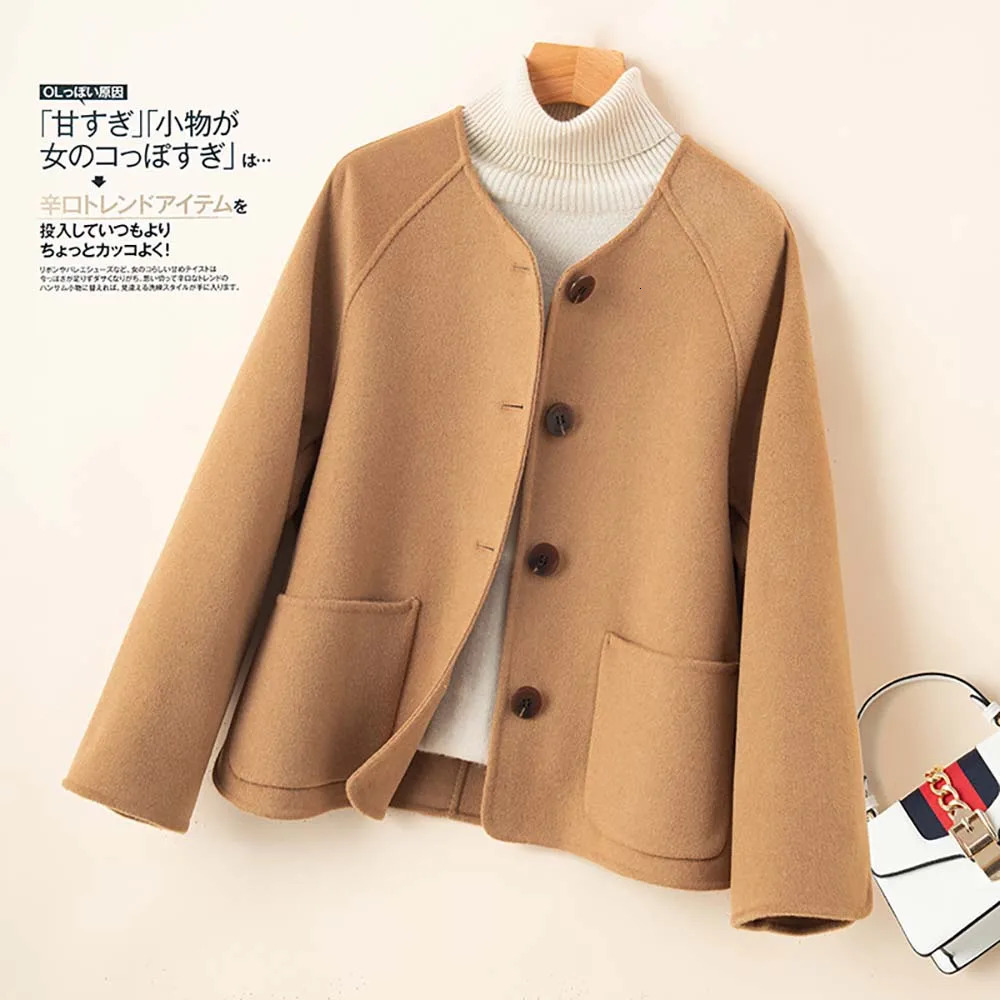Women's Wool Blends 100 Coat Handmade DoubleSided Cloth Chic Short Button Heavy High Street Elegant Top Factory Ladies 231124
