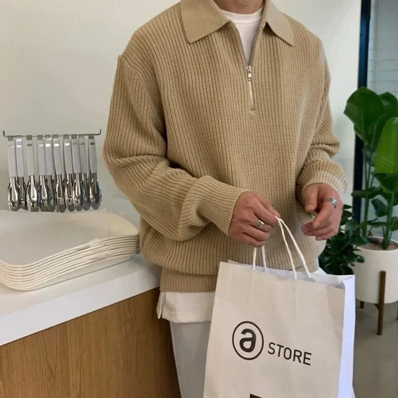 Men's Sweaters Men Lapel Sweater Autumn Winter Warm Casual Knit Pullover Tops Fashion Loose Zipper Long Sleeve Polo Male Jumper Clothes 231124