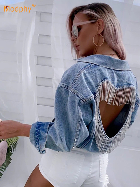 Women's Jackets Denim jacket women's light blue diamond tassel coat single chest open back women's jeans coat autumn fashion clothes 23