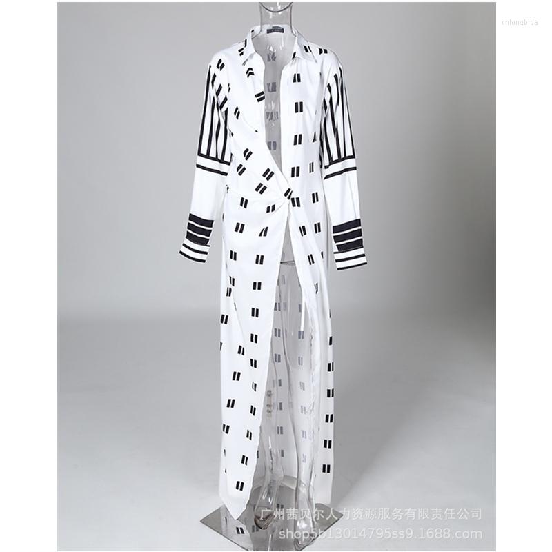 Casual Dresses Women Elegant Long Sleeve Turn Down Collar Folds Slit Floor Length Dress Print Colorblock Twisted Shirt