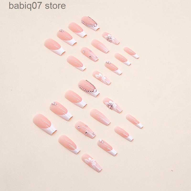 False Nails Mid length explosive glitter pink diamond sweet flowers wearing armor simple French pure desire white girl fake nails Nails T230425