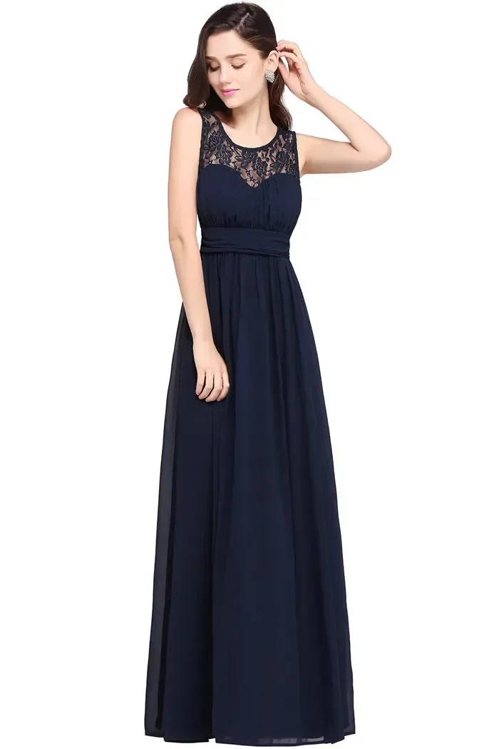 Navy Stock Blue Chiffon Bridesmaid Dresses A E Jewel Neck Ruched Long Formal Prom Party Gown Wedding Guest Gowns Cps