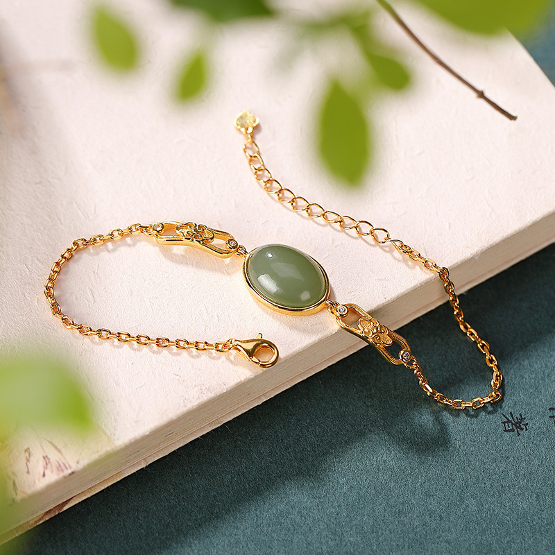 Beaded 925 sterling silver gold plated natural Hetian gray jade bracelet vintage personality hollow out Ruyi ladies Bracelet 230424