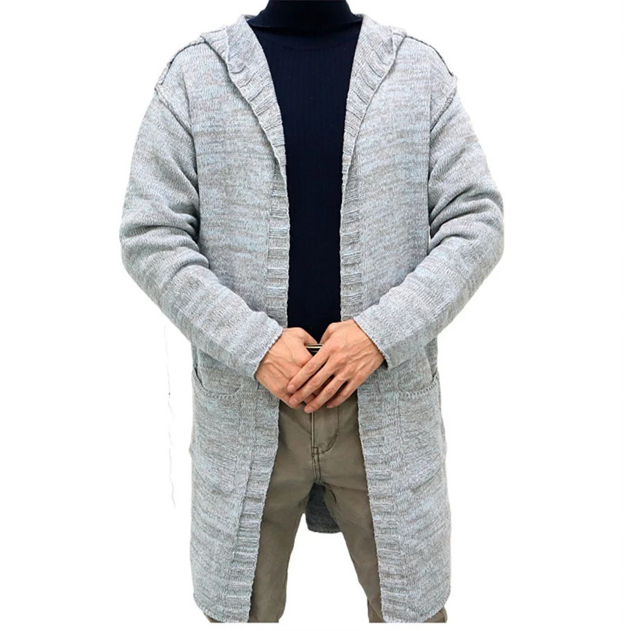 Men s Sweaters Gray Knitted Cardigan Fashion Long Male Casual Sleeve Outwear Autumn Winter Warm Hoodie Loose Streetwear 231124