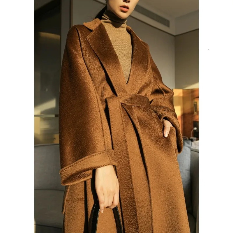 Women's Wool Blends 2023 Reversible Cashmere Coat Women Long Below The Knee HighEnd Water Ripple Autumn Winter Loose Laceup Outwear 231124