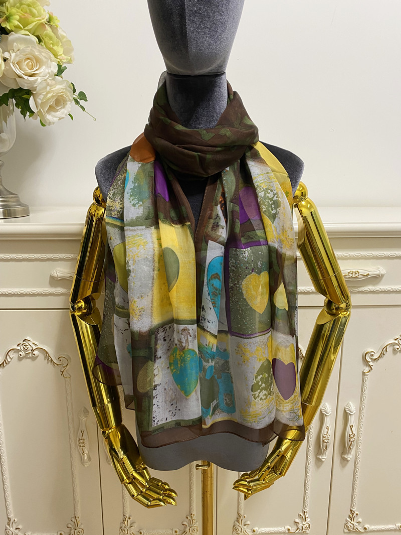 Women's long scarf scarves 100% silk material thin and soft pint letter hearts pattern size 180cm - 65cm