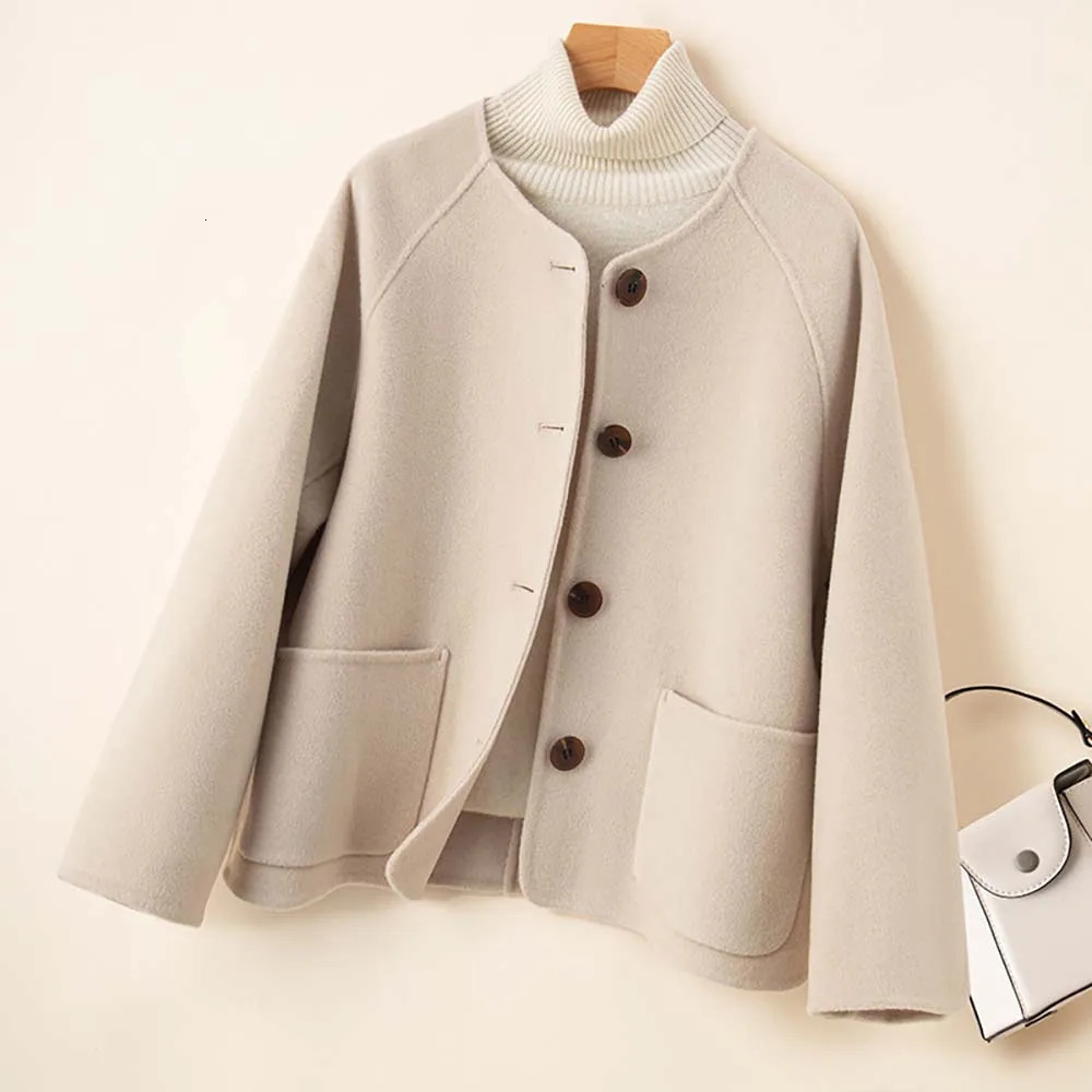 Women's Wool Blends 100 Coat Handmade DoubleSided Cloth Chic Short Button Heavy High Street Elegant Top Factory Ladies 231124