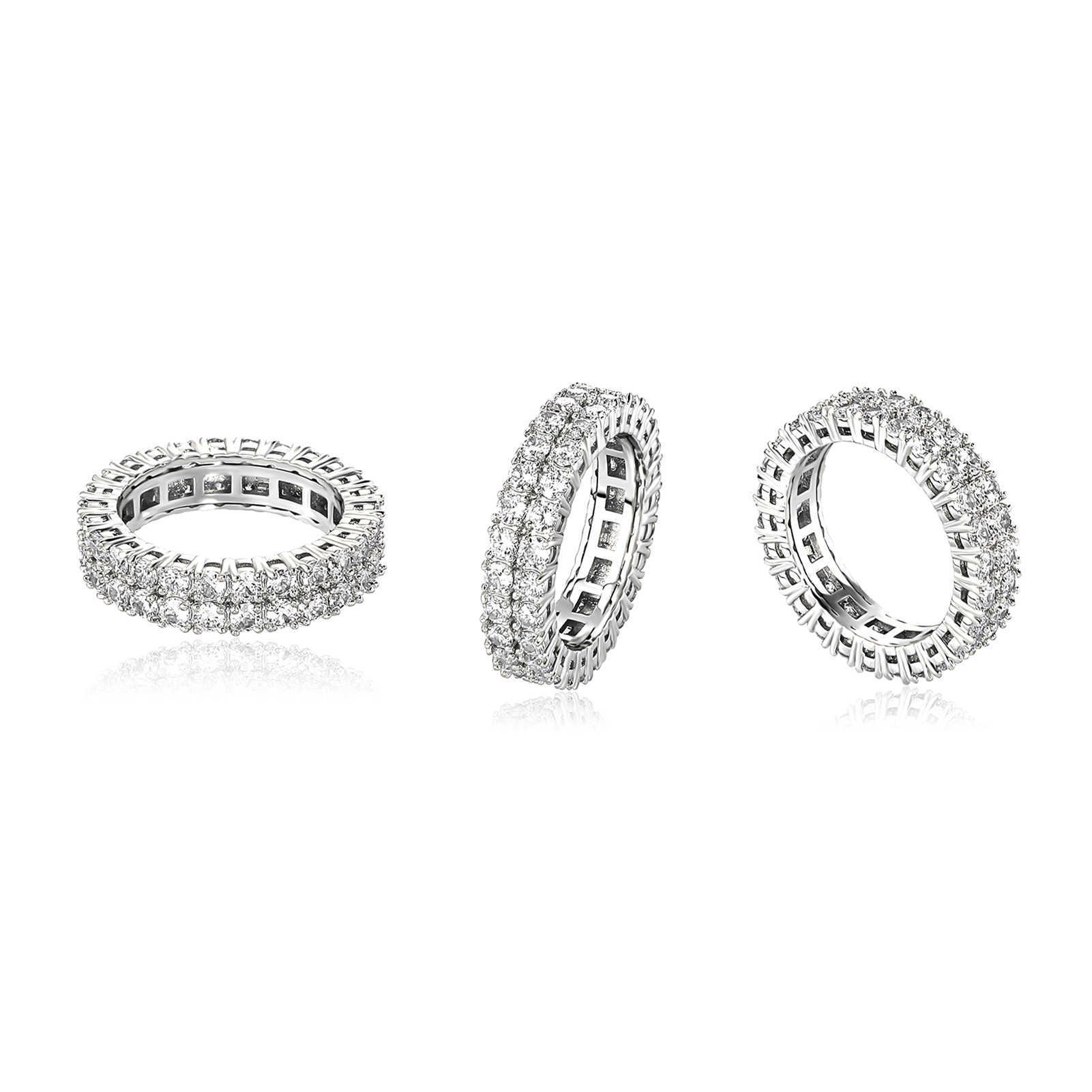 GZW 2.5mm-3mm New Double Row Full Zirconium Band Ring Prong Cubic Zirconia 14k Gold Color Preserving Plating Hip Hop Finger Rings For Men Women Simple