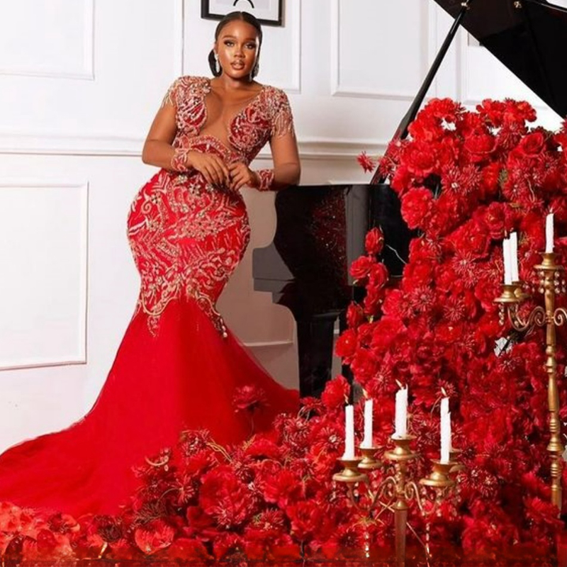 2023 Aso Ebi urious Red Mermaid Long SleevesTulle Prom Gowns Perals Evening Birthday Party Second Reception Dresses African Dress Engagement Gown ST30