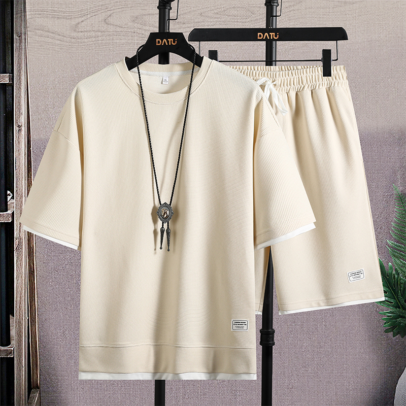 Men's Tracksuits Mens Waffle Clothing 2 Piece Set Summer Tracksuit Men Jogging Suit Male Harajuku Hip Hop Running Patchwork Sweatshirts Sets 2304