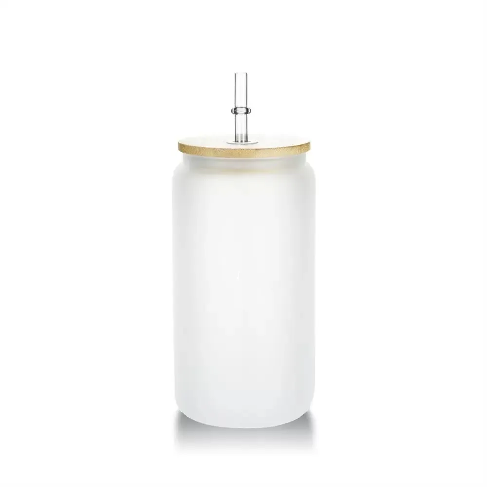 16oz Frosted Sublimation Glass Can Tumbler Clear Jar with Bamboo Lid Wide Mouth Beer Cup Festival Party Wine Tumblers