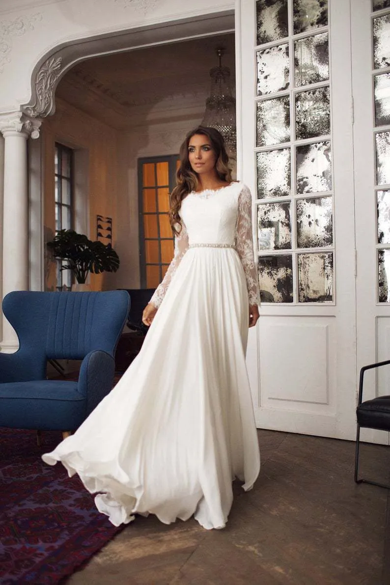 Gorgeous Wedding Dresses Bridl Gown Sclloped Neck Long Sleeves Chiffon A e Lce Beded Custom Mde Sweep Trin Plus Size Country Bech Vestido De